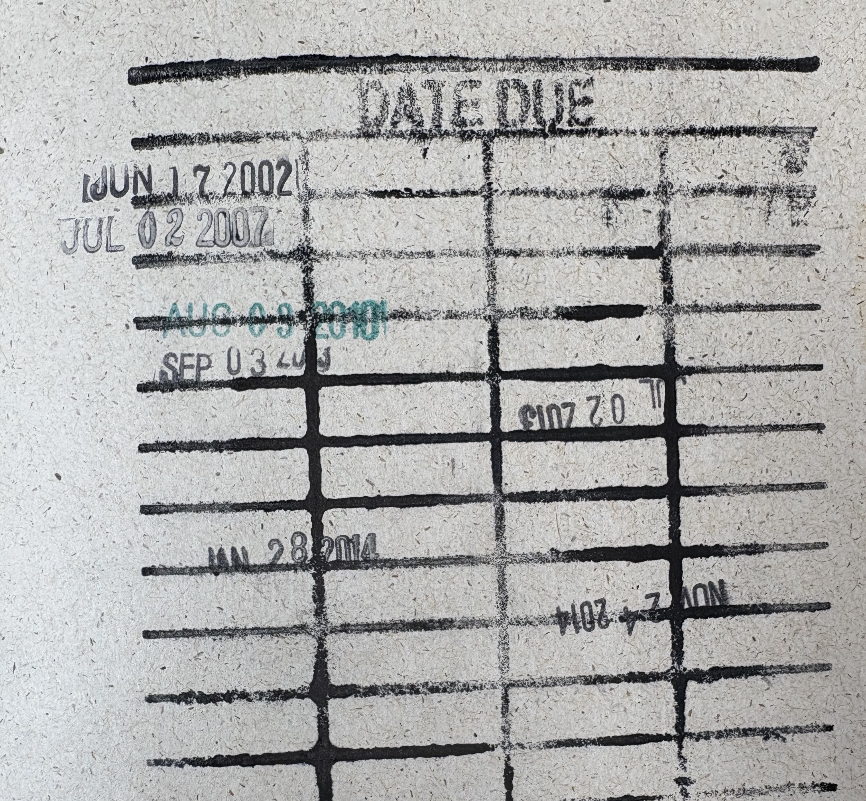 A library date-due card with stamped return dates